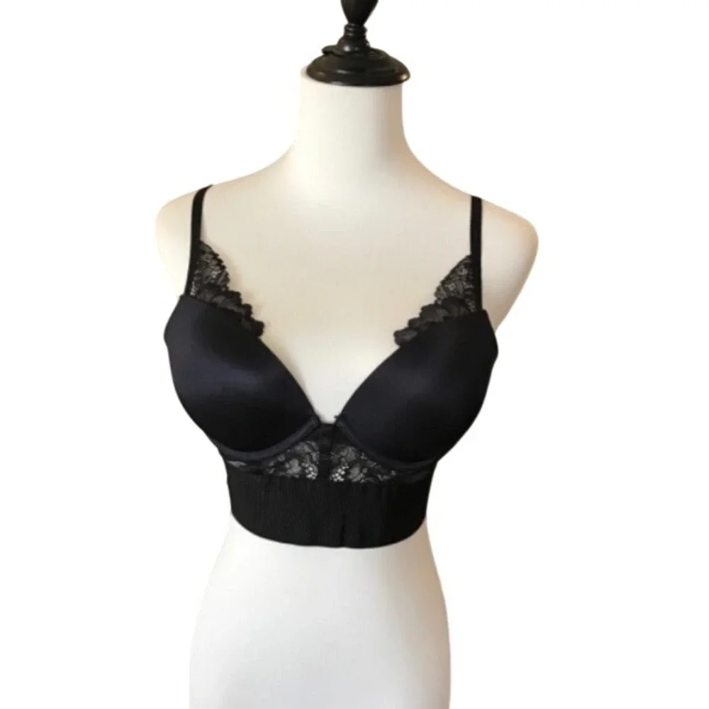 La Senza Black Lace‎ Longline Push Up Bralette Keyhole Back Medium